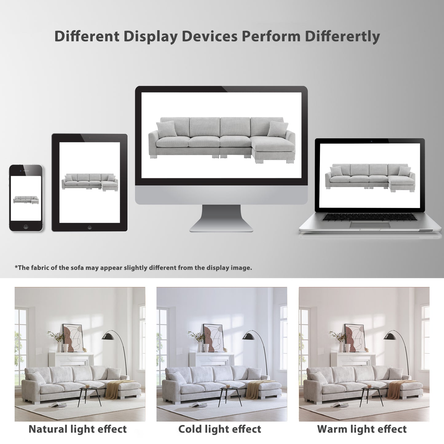 Light gray sectional sofa shown on phone screen