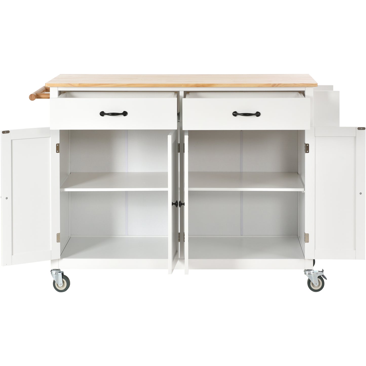 White kitchen island cart with wooden top two drawers and open cabinet space on wheels