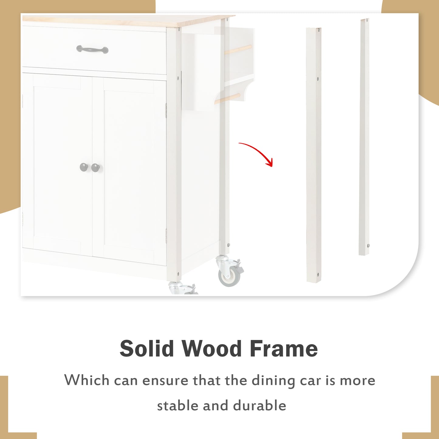 White kitchen cart with a wooden top and a pullout side shelf support