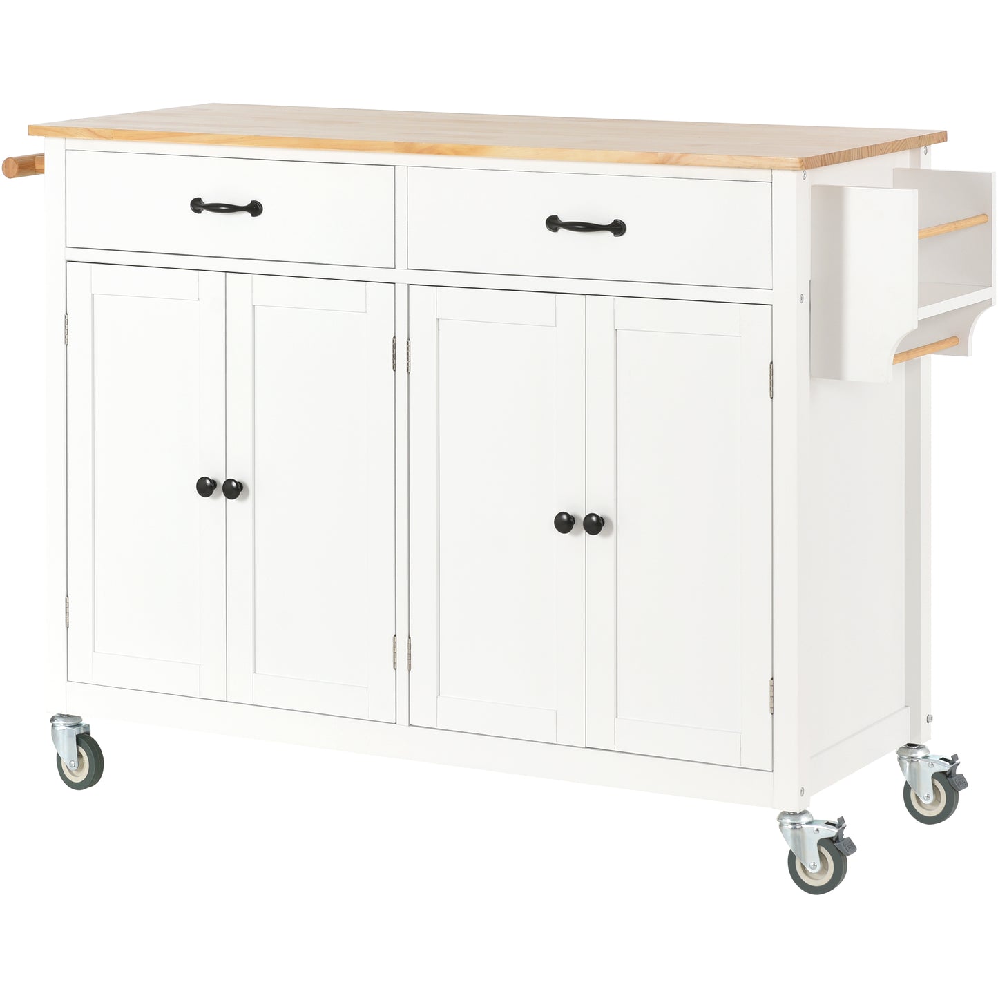White kitchen island with wooden countertop and two drawers
