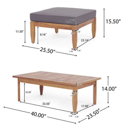 Wooden ottoman with grey cushion featuring detailed dimensions for outdoor furniture