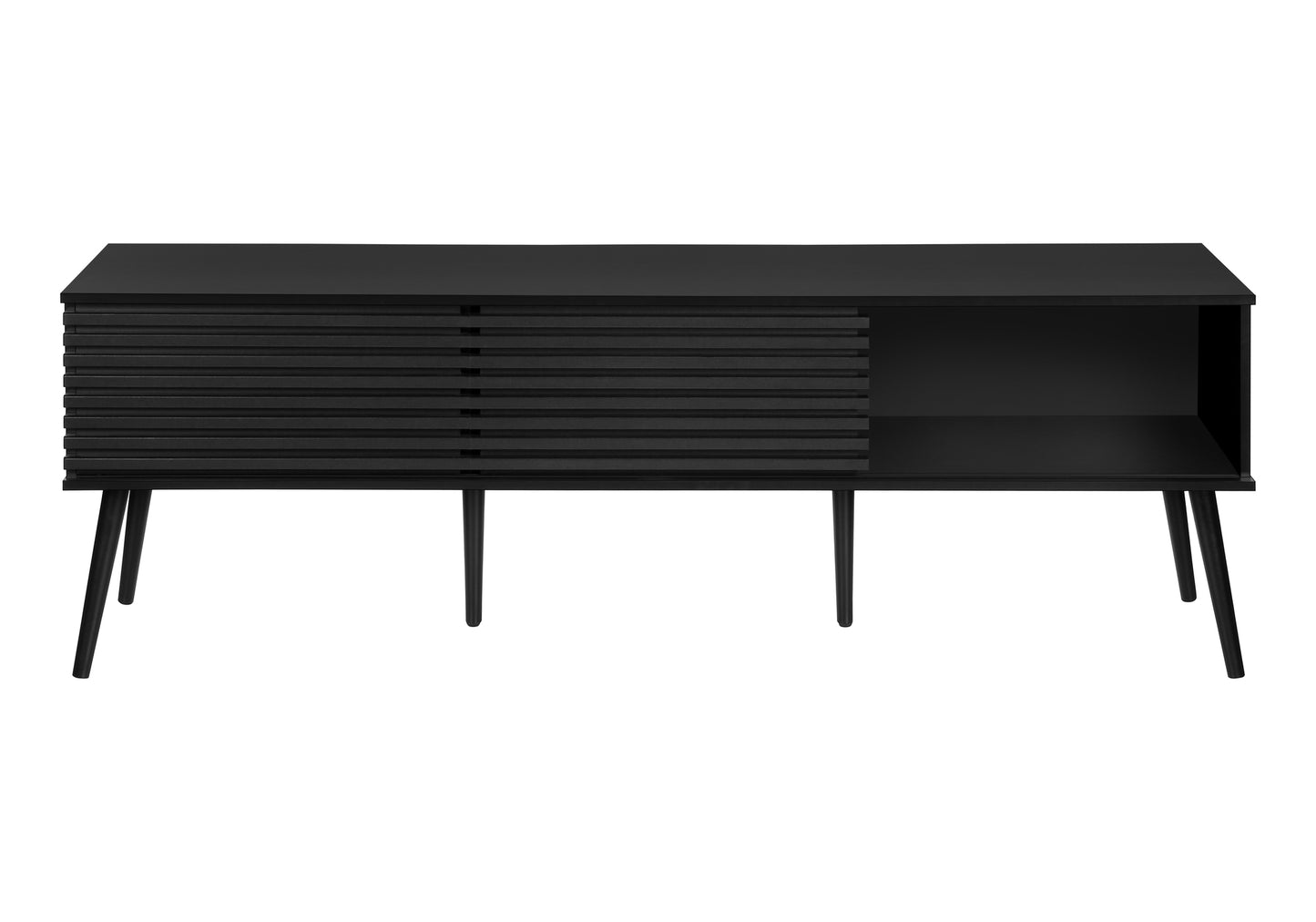 Black media console with slatted sliding door and open shelf midcentury modern style