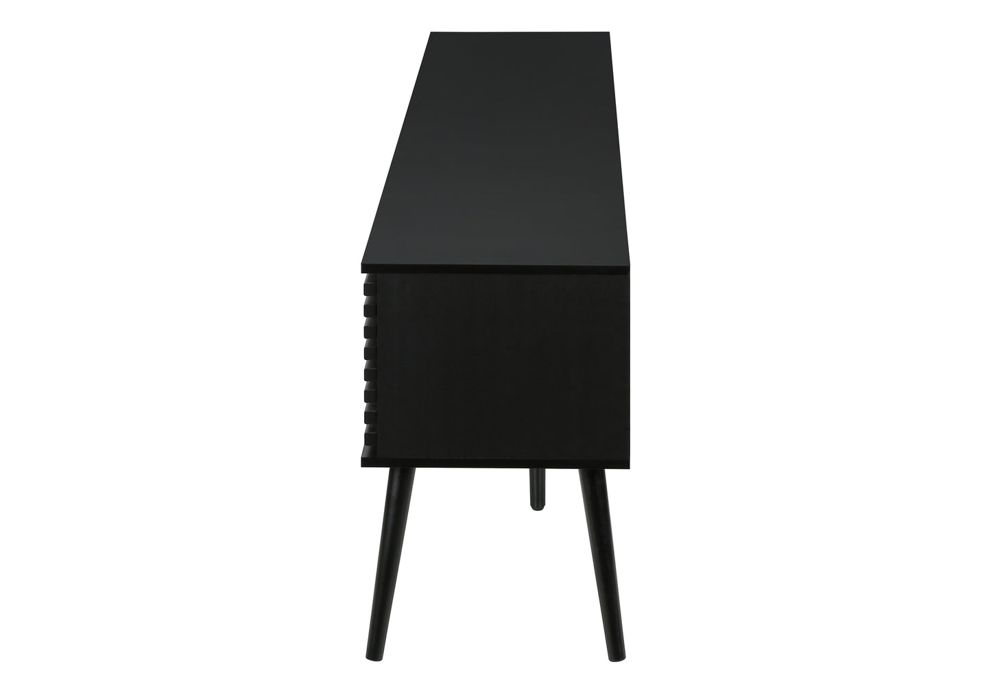 Black midcentury modern dresser with ridged drawer fronts and tapered legs