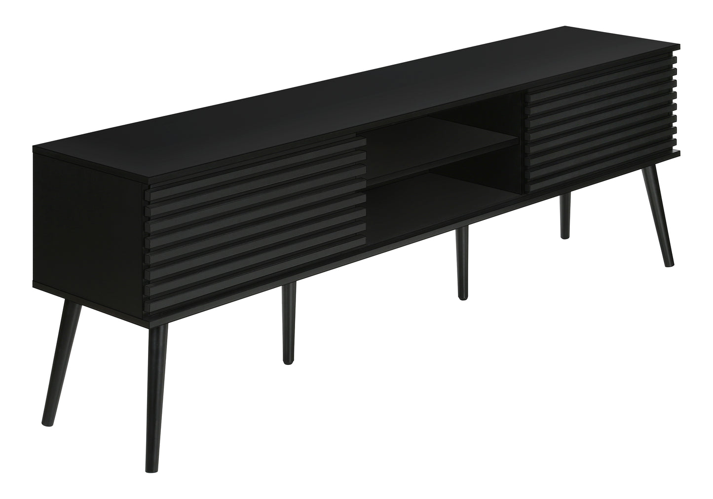 Black modern media console with slatted door details and open shelving