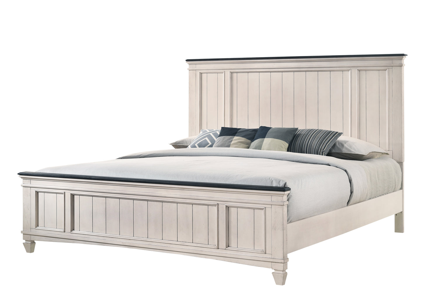 White wood panelled king size bed frame with dark accent trim and decorative pillows