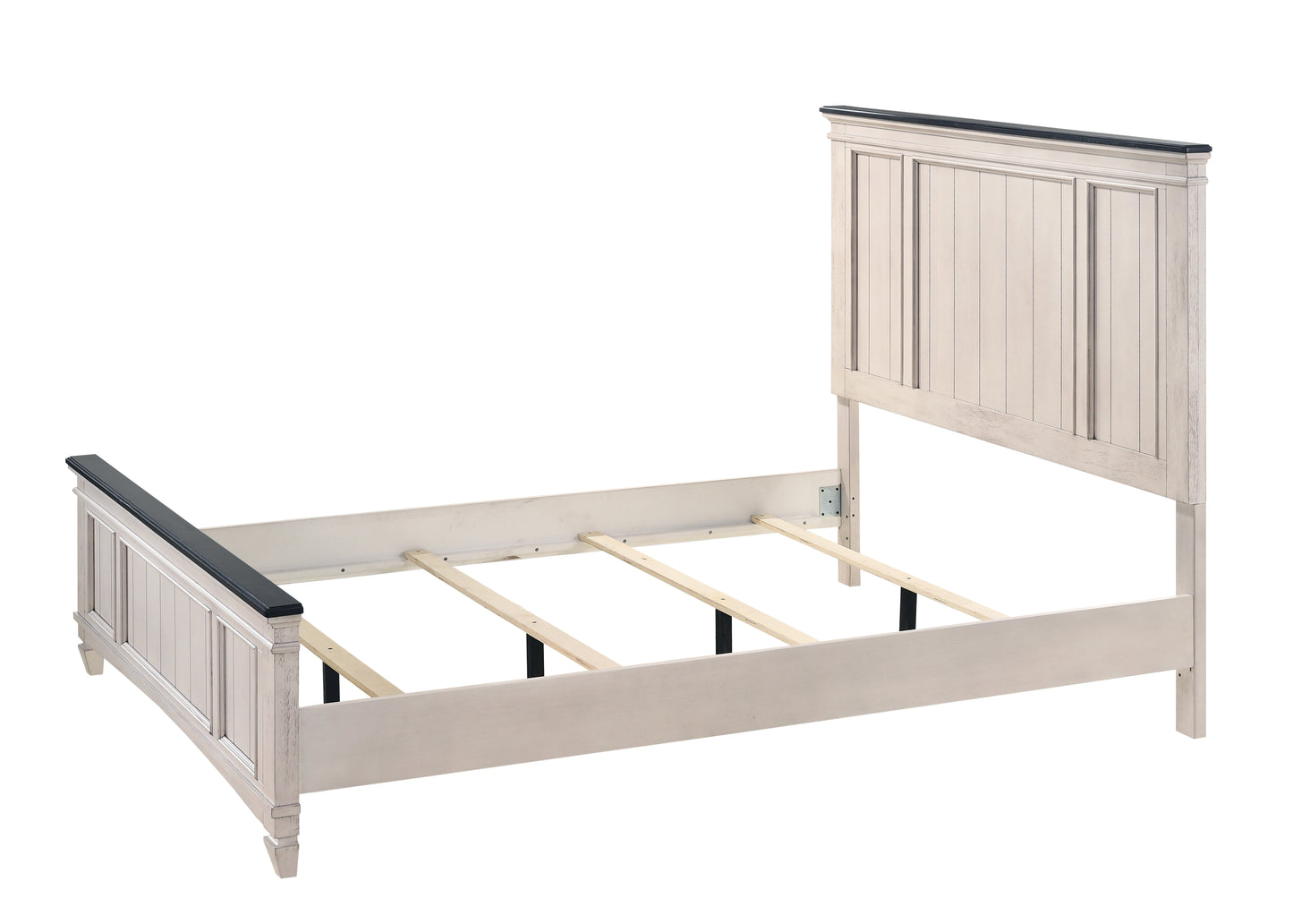 Rustic white wooden bed frame with paneled headboard and footboard