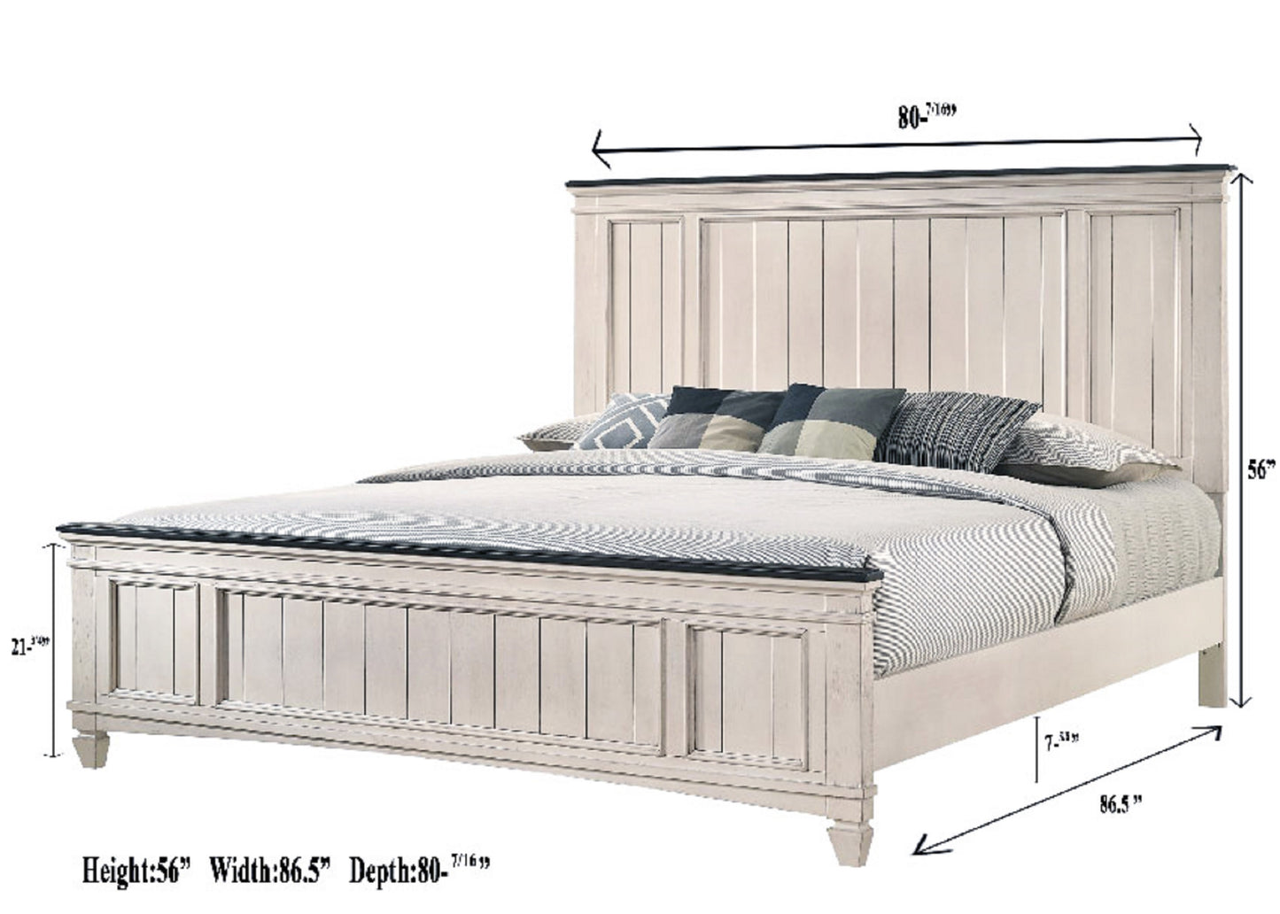 White panel headboard king bed frame with subtle distressing and carved legs