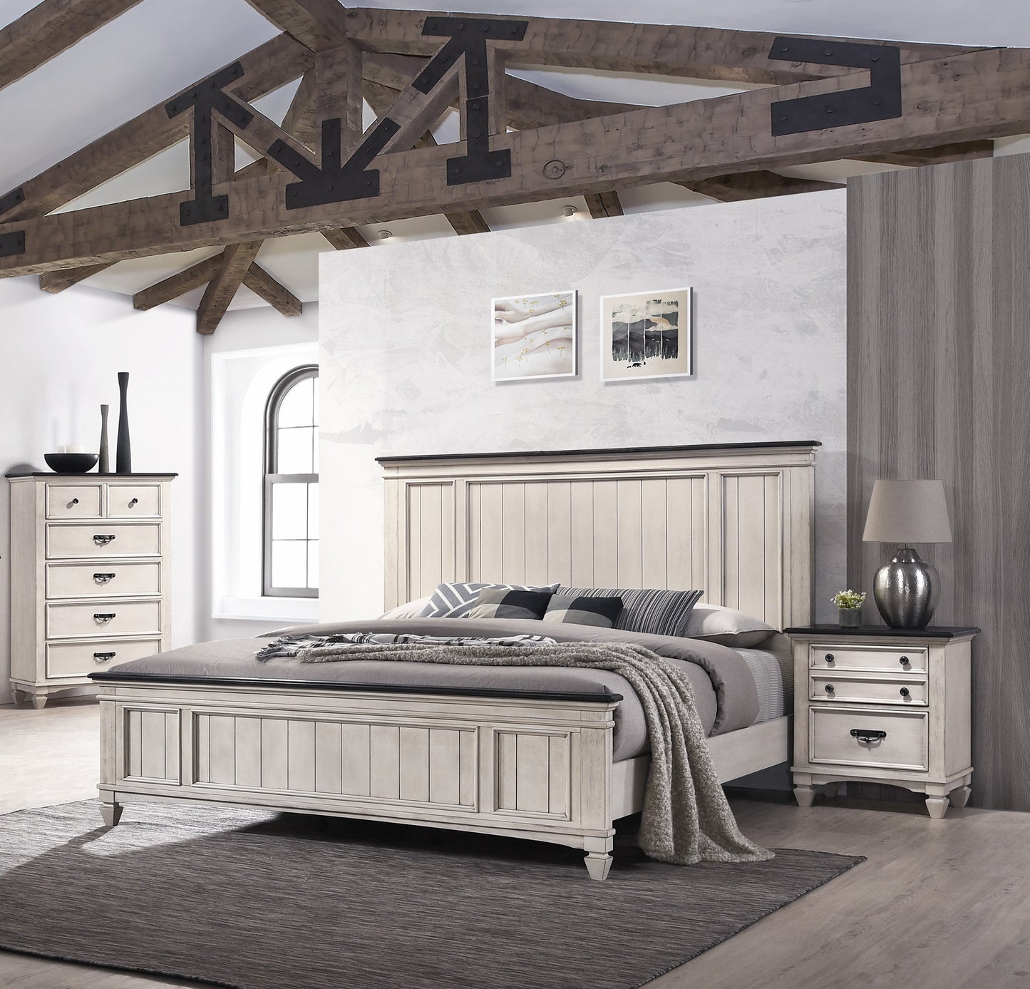 Antique white panel bed frame with black accents rustic farmhouse style