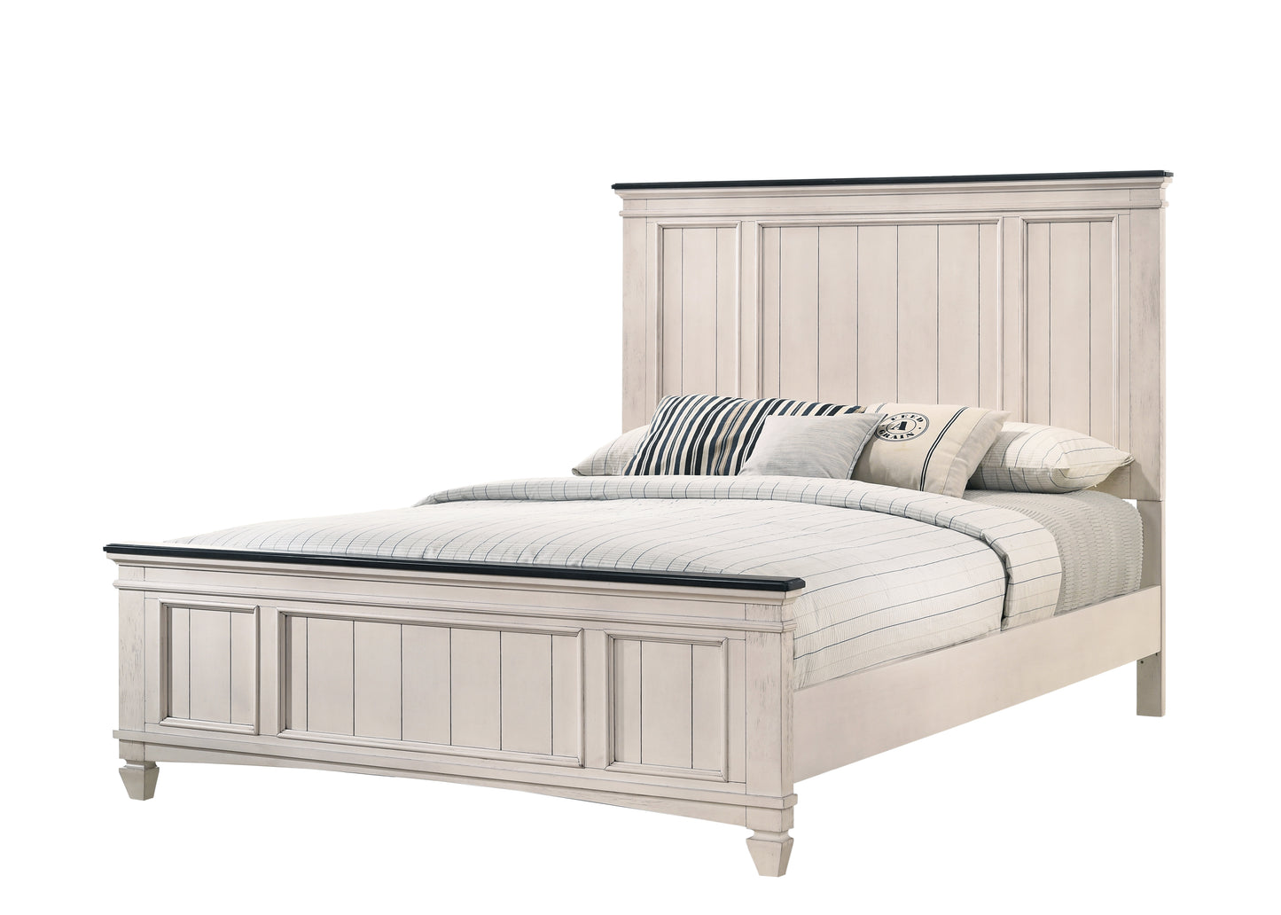 Cream shiplap panel bed frame with dark wood trim navy striped bedding and accent pillows
