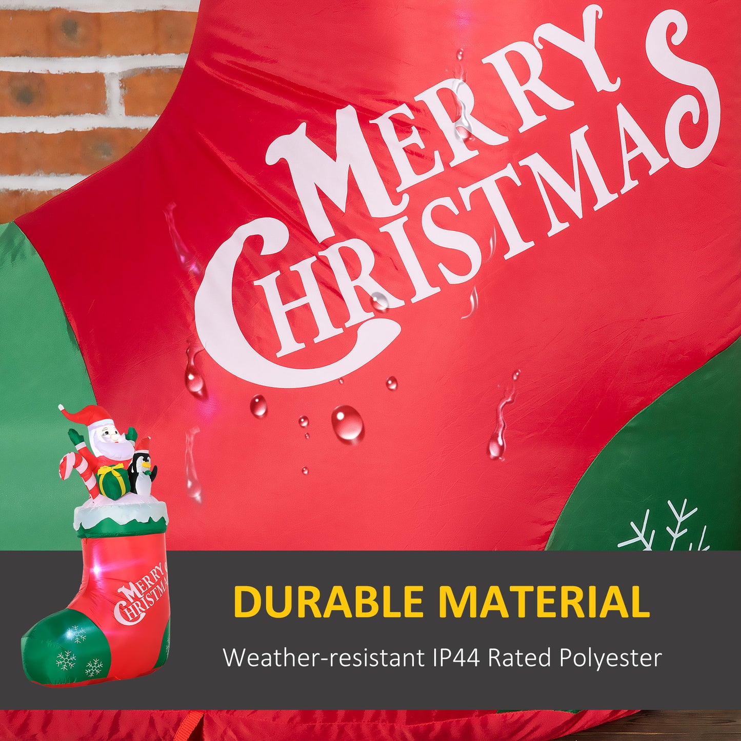Red inflatable Christmas stocking with Santa and penguin decoration