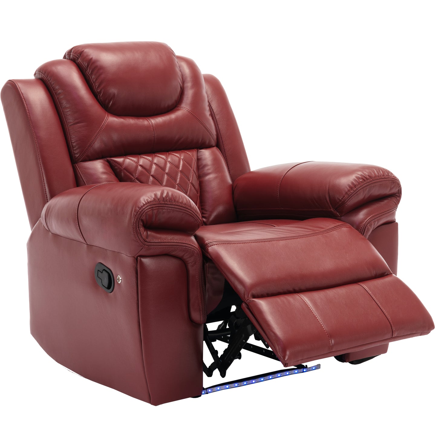 Luxurious red leather recliner chair with quilted back and adjustable footrest