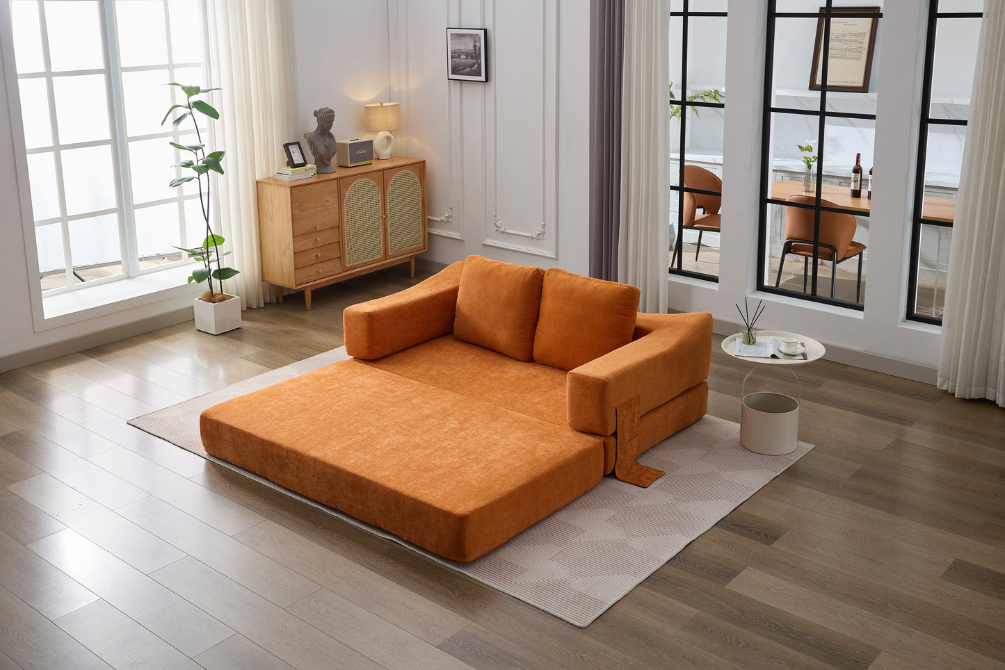 Orange upholstered modular sofa bed unfolded for sleeping modern living room furniture