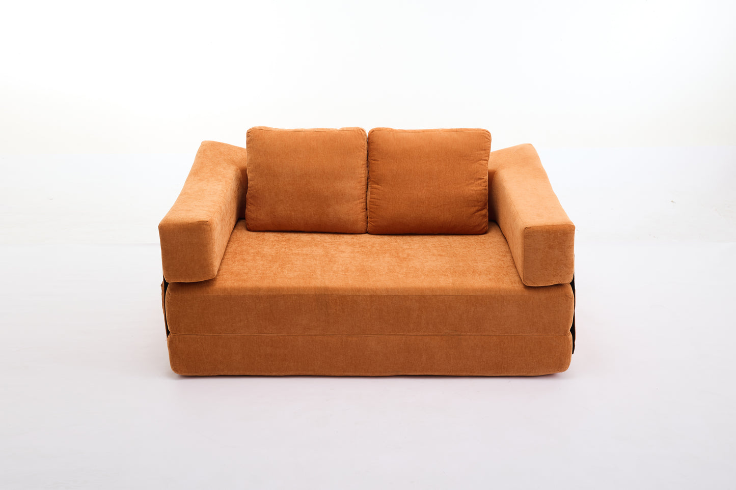 Contemporary orange fabric sofa with two plush back cushions