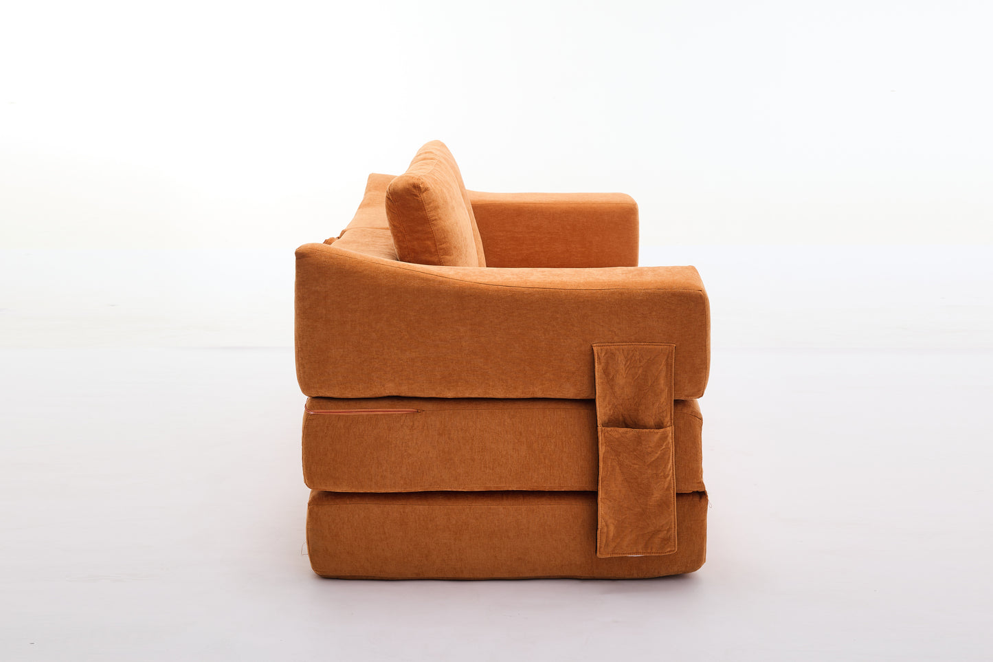 Orange fabric sofa with side storage pockets modern design and comfortable seating