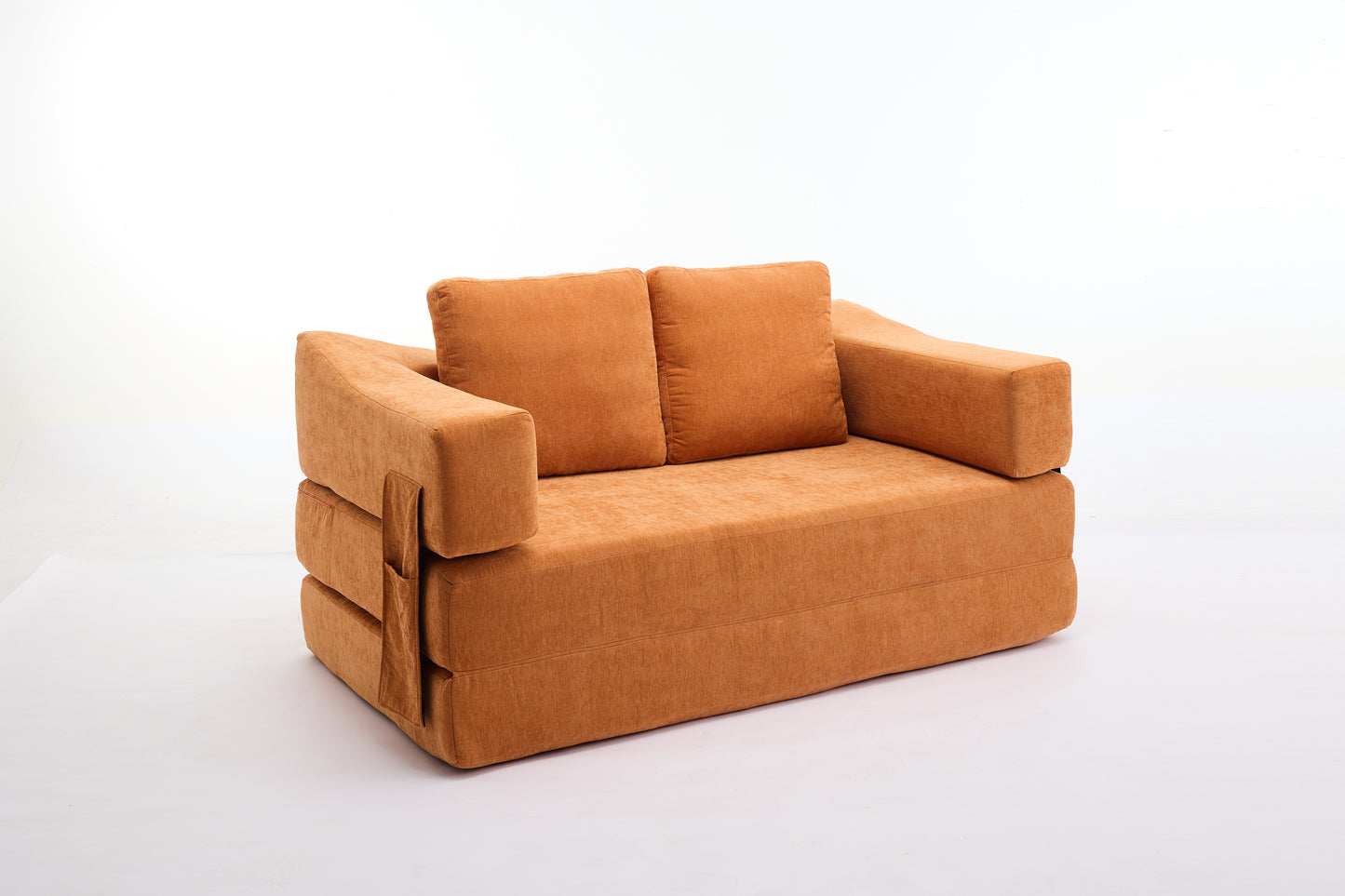 Orange convertible sofa with plush cushions and modern armrests