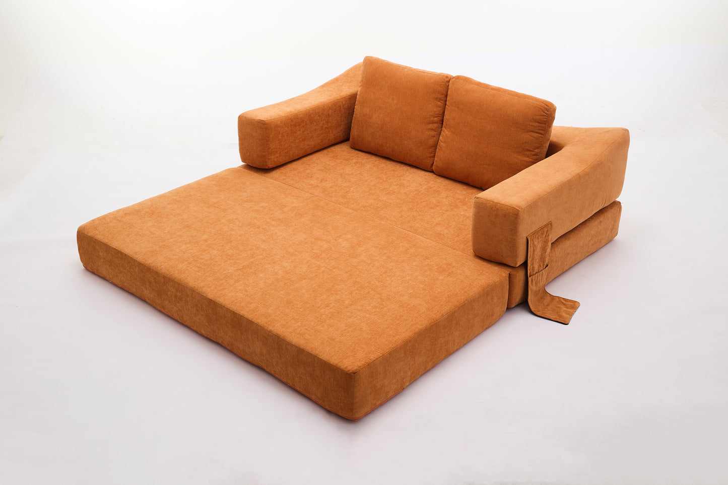 Orange fabric convertible sofa bed with adjustable armrests