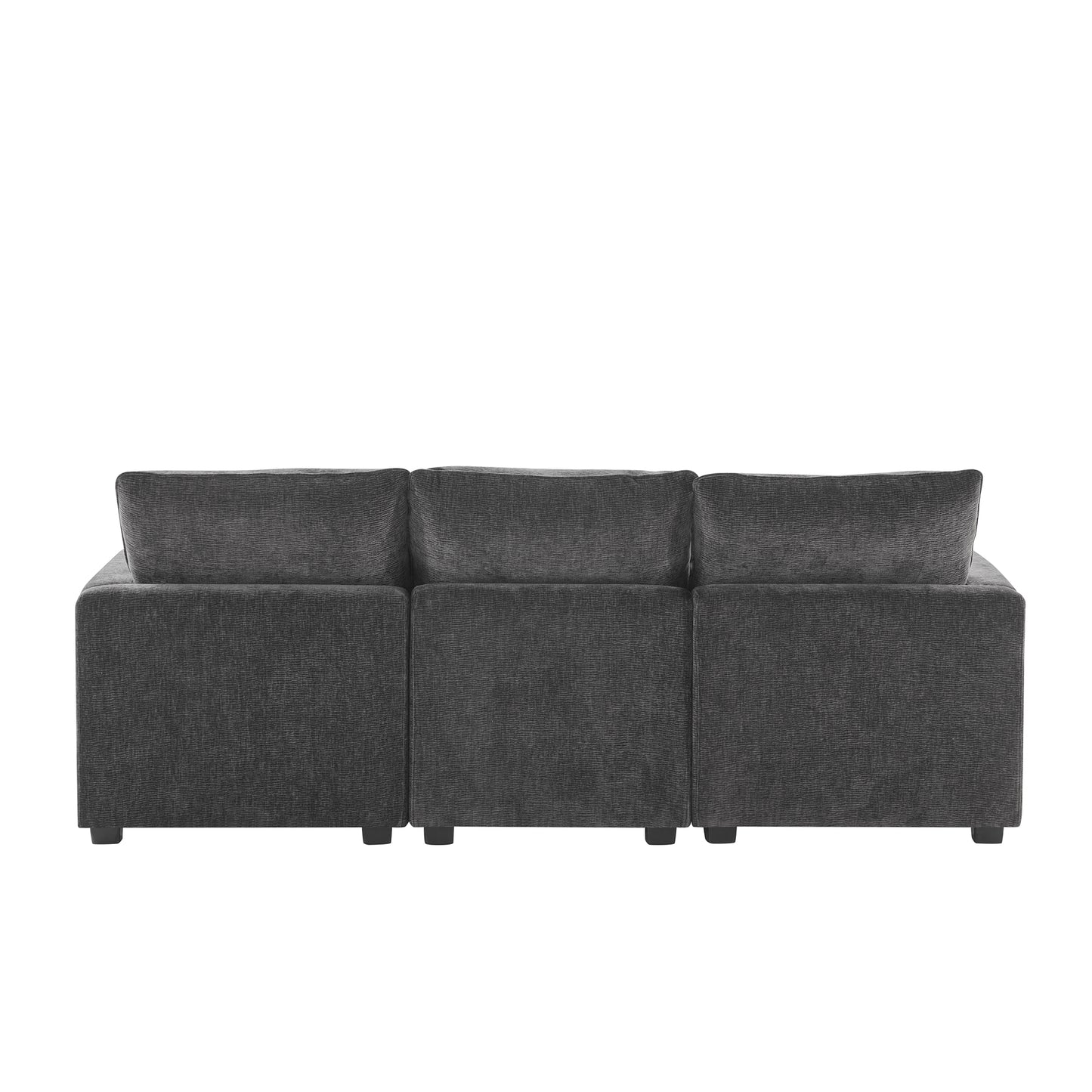 Dark gray fabric sectional sofa back view plush cushions modern design
