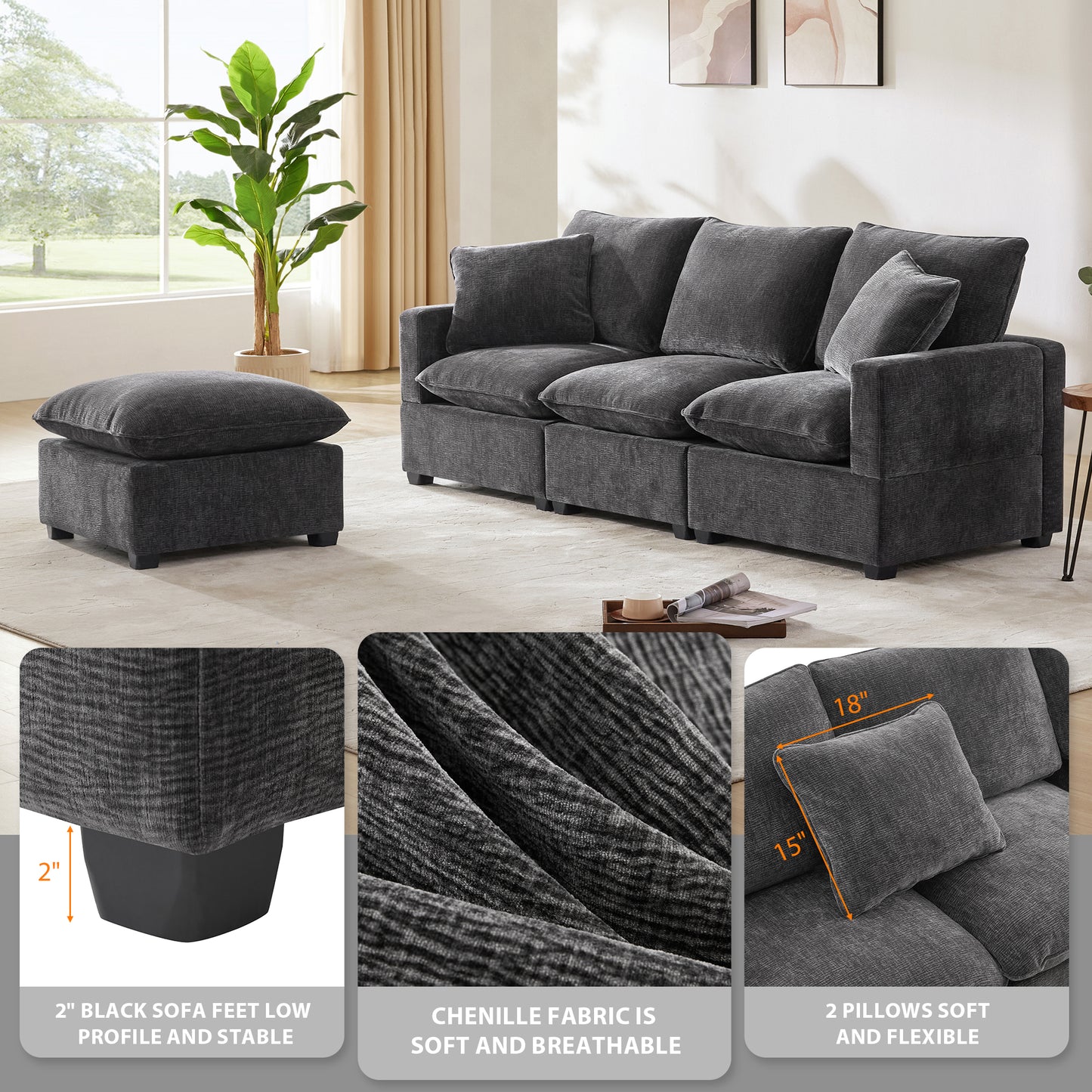 Dark gray chenille sectional sofa with ottoman featuring plush cushions and lowprofile black feet