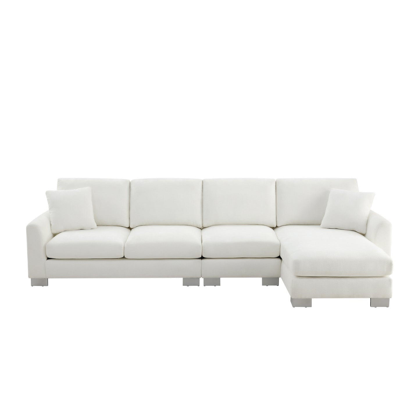 Minimalist white sectional sofa with chaise upholstered in textured fabric for modern living rooms