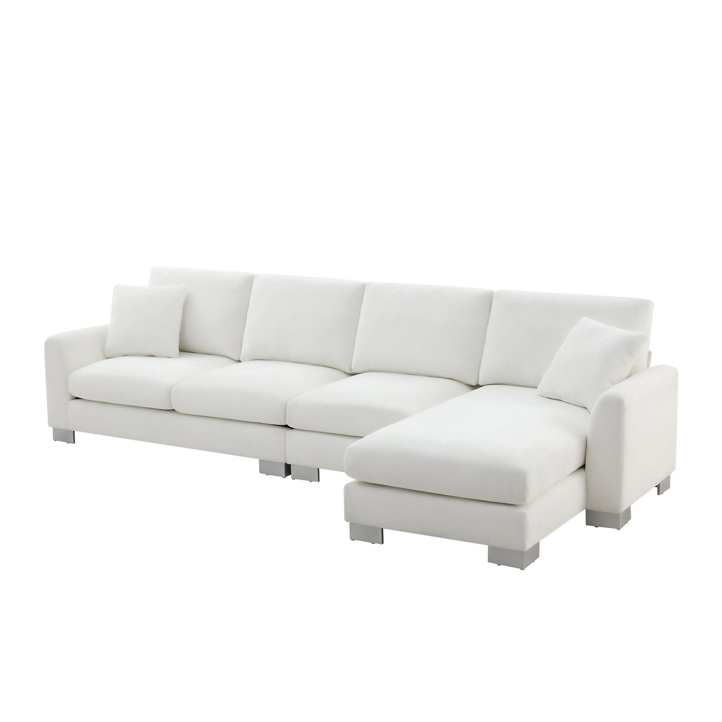 White modular sectional sofa with textured fabric and metal legs
