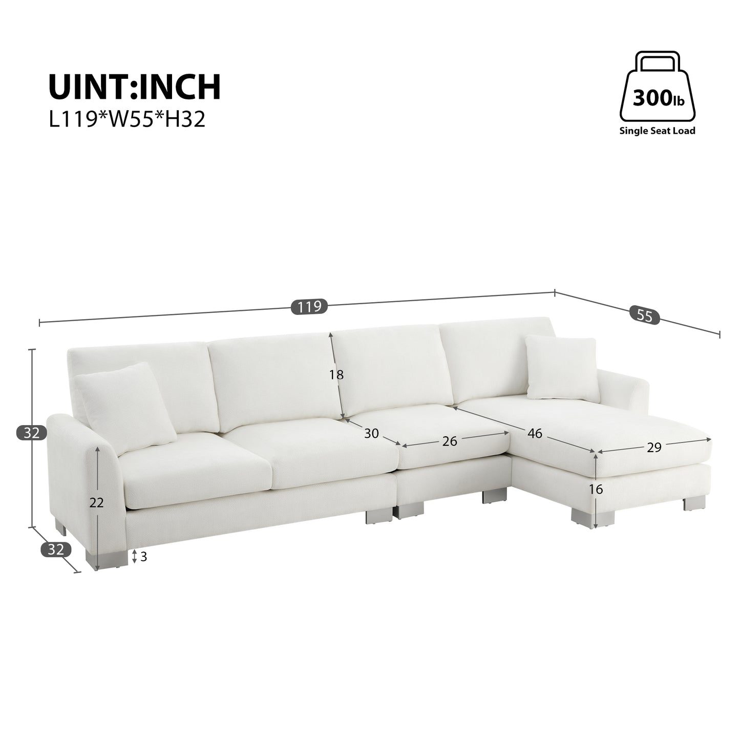 White sectional sofa with chaise lounge and dimension callouts