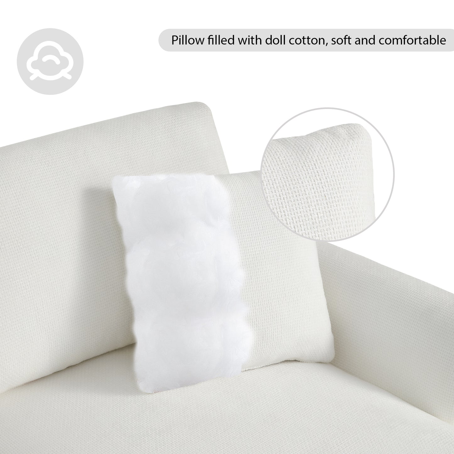 Closeup of white textured pillow filled with soft doll cotton showing comfort