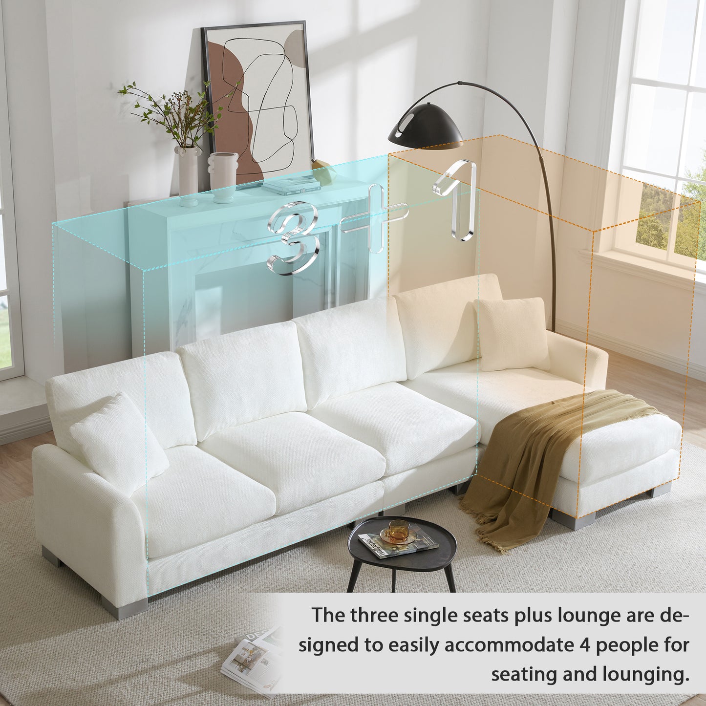 White modular sectional sofa with chaise lounge featuring plush cushions and modern metallic feet