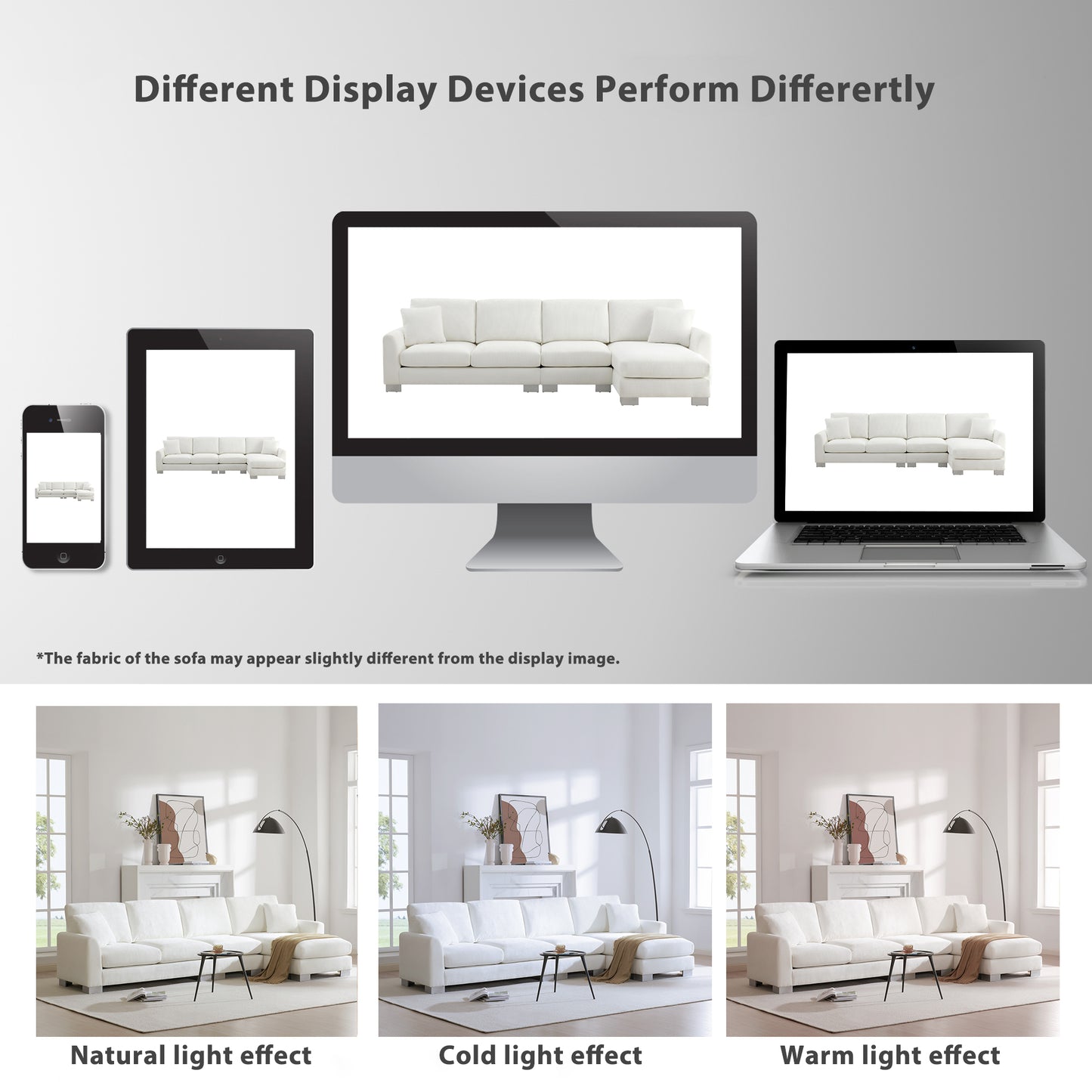 White sectional sofa on computer screen displays a clean modern living room setup