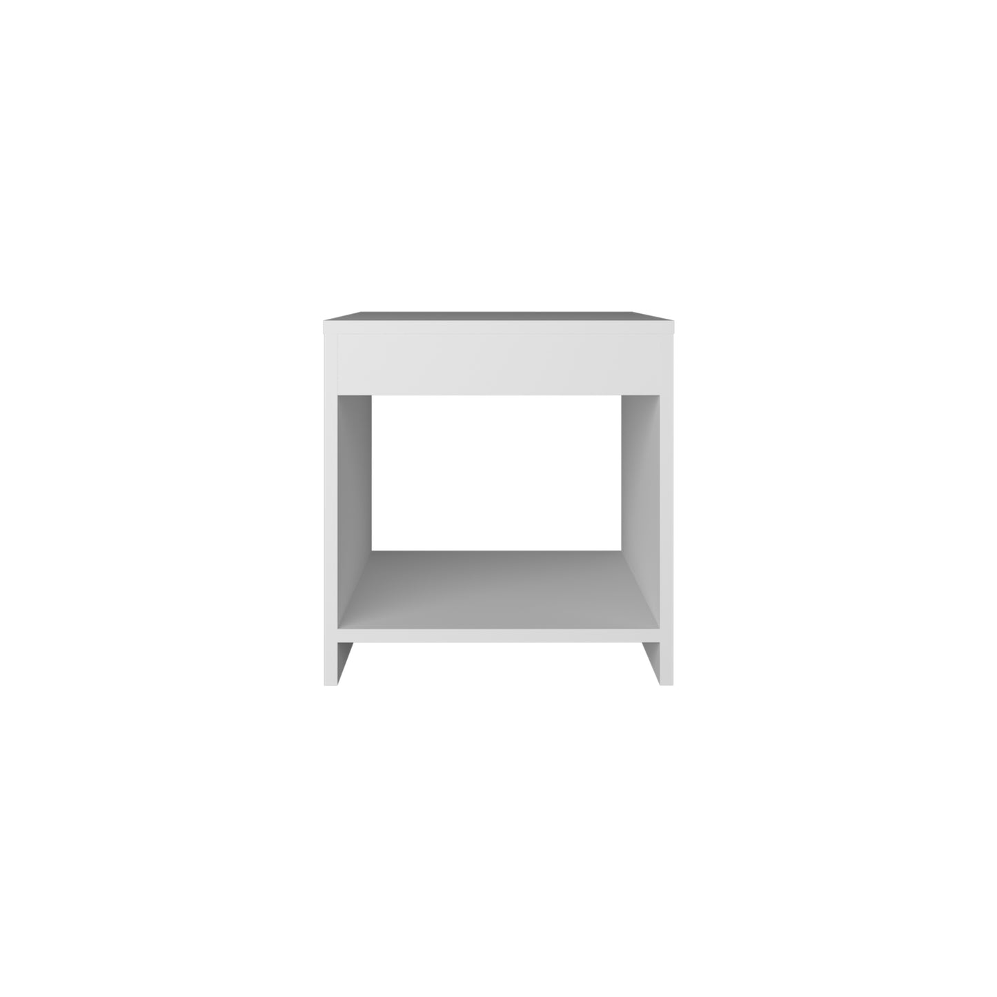 Minimalist white nightstand with open shelf and drawer