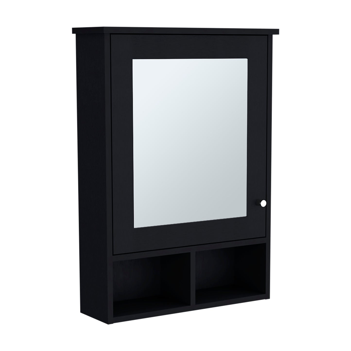 Modern black medicine cabinet with mirror and open shelf storage