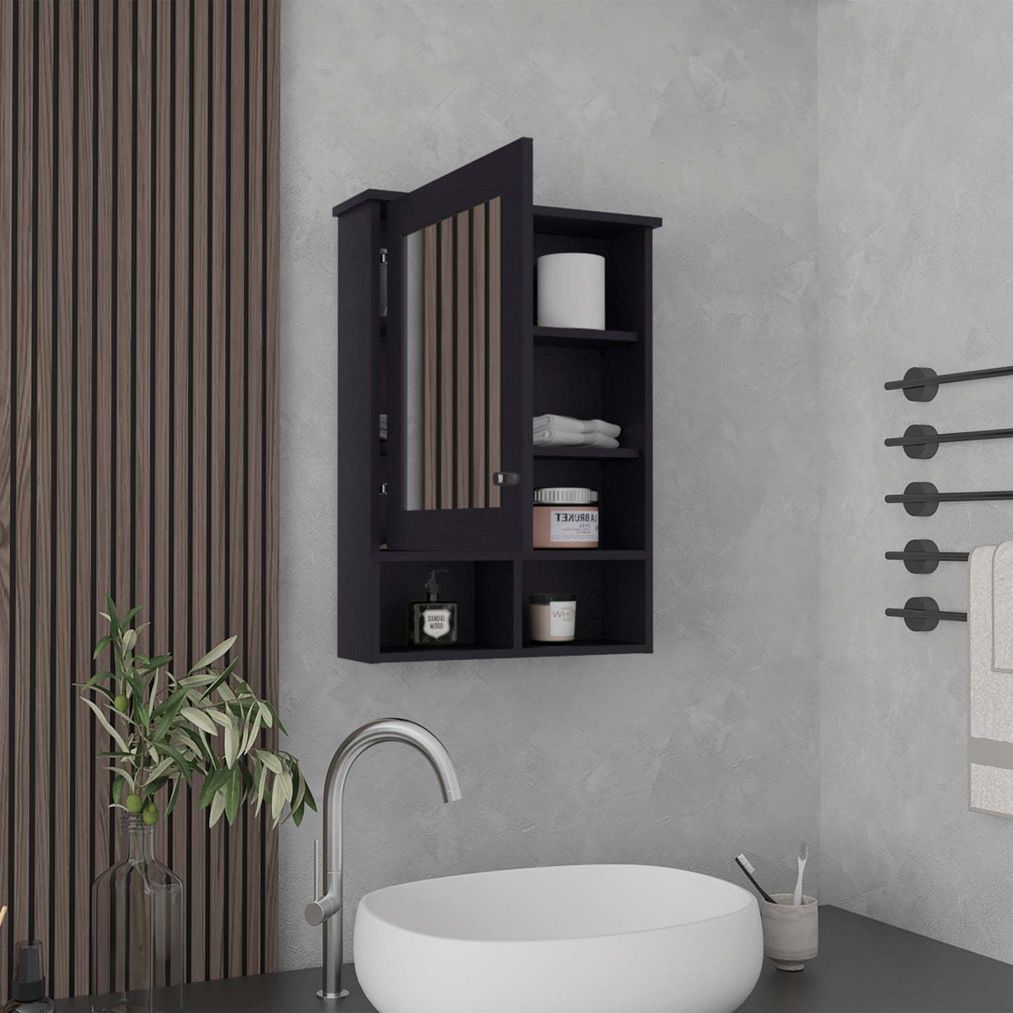 Dark gray bathroom medicine cabinet with mirrored door and open shelving