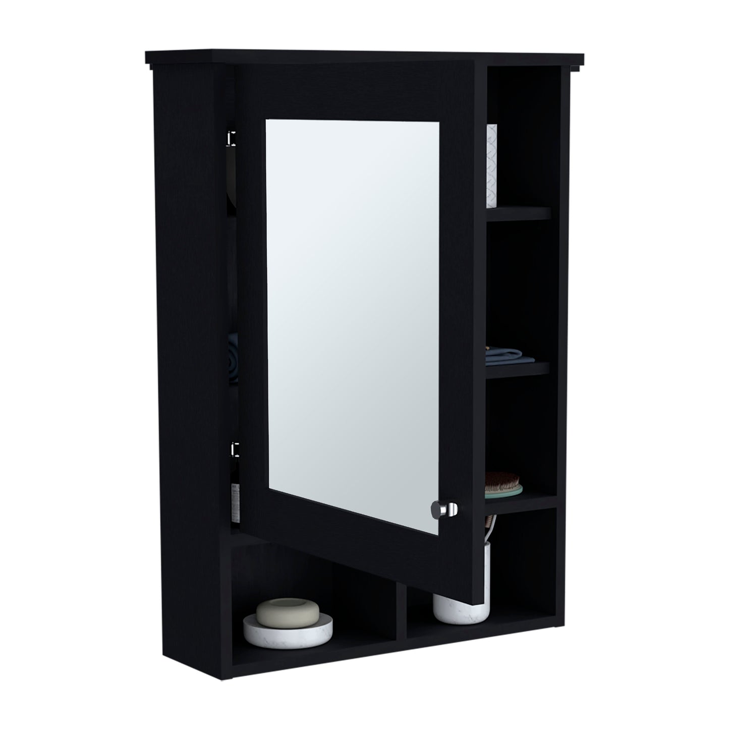 Black mirrored medicine cabinet with open door and shelves
