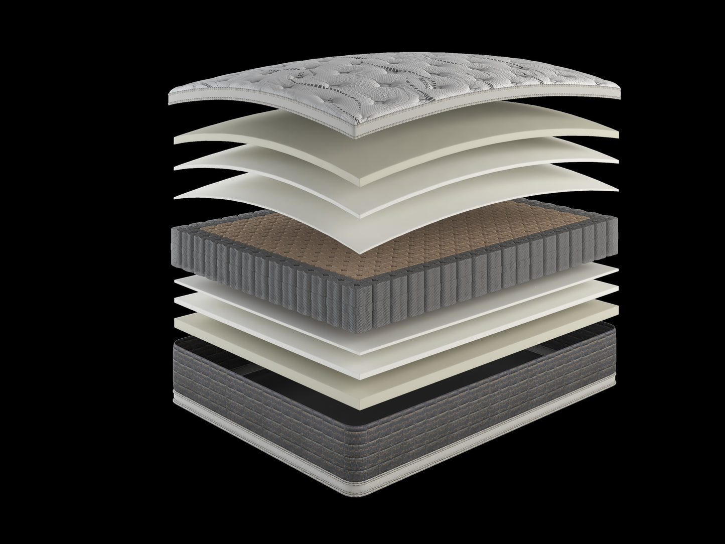 Layered mattress crosssection showing plush quilted top memory foam and supportive pocketed coils
