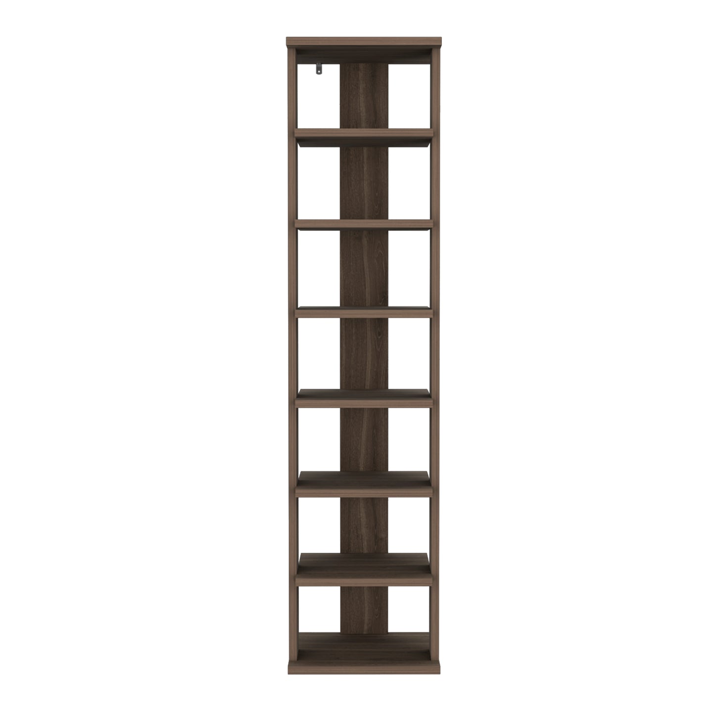 Tall dark wood bookshelf with seven open shelves for storage