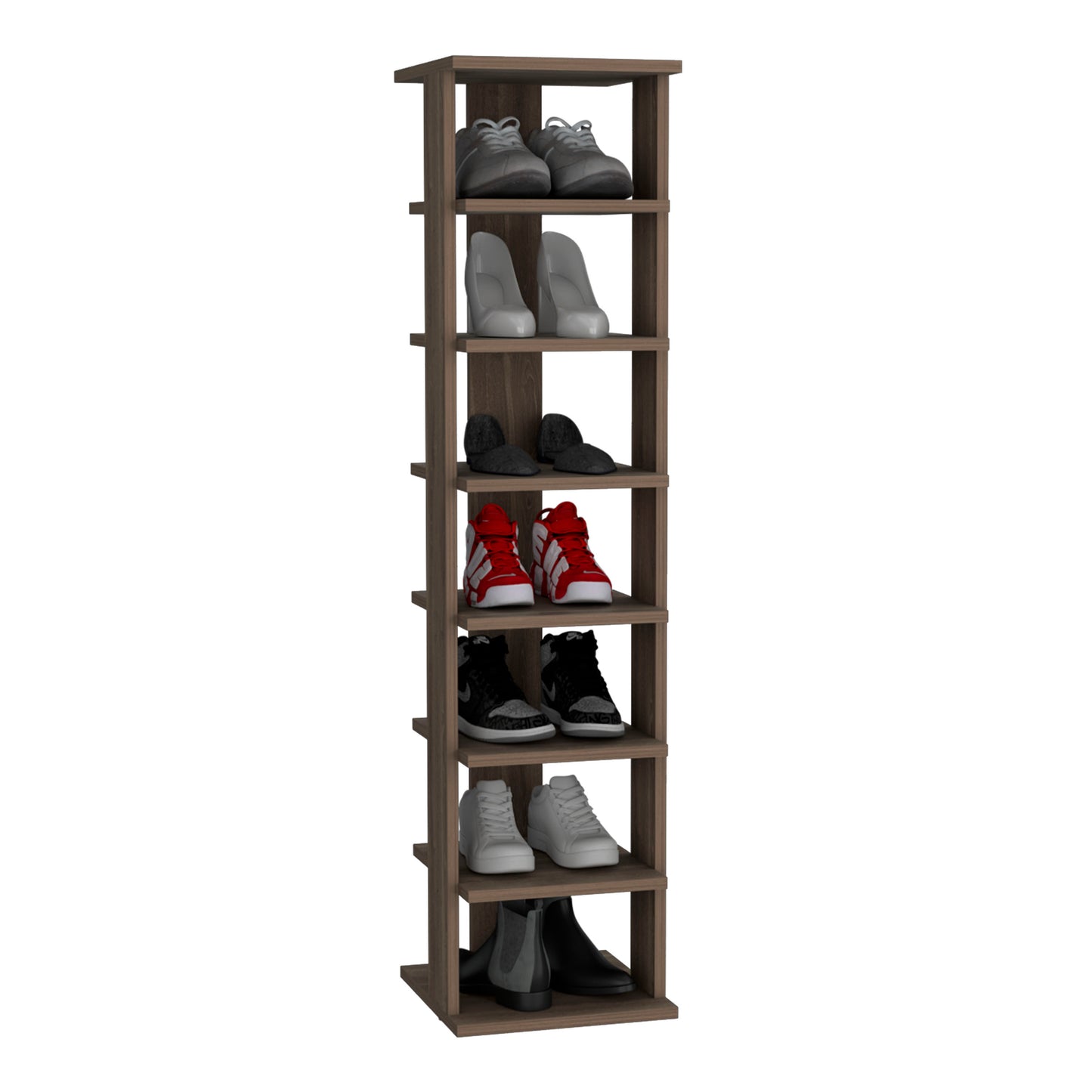 Wooden shoe rack displaying gray sneakers on the top shelf