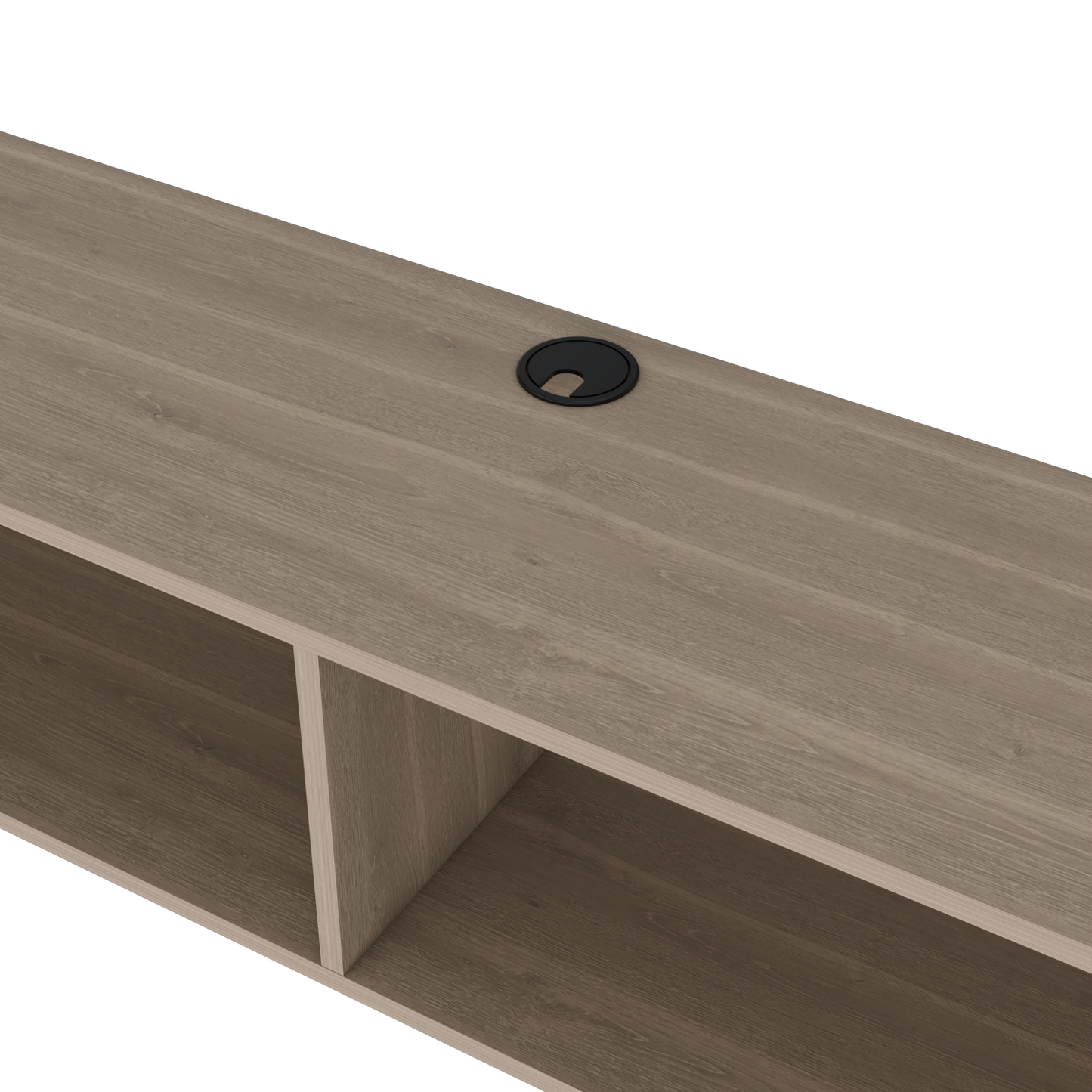 Light oak wood TV stand with a cable management grommet for clean setup