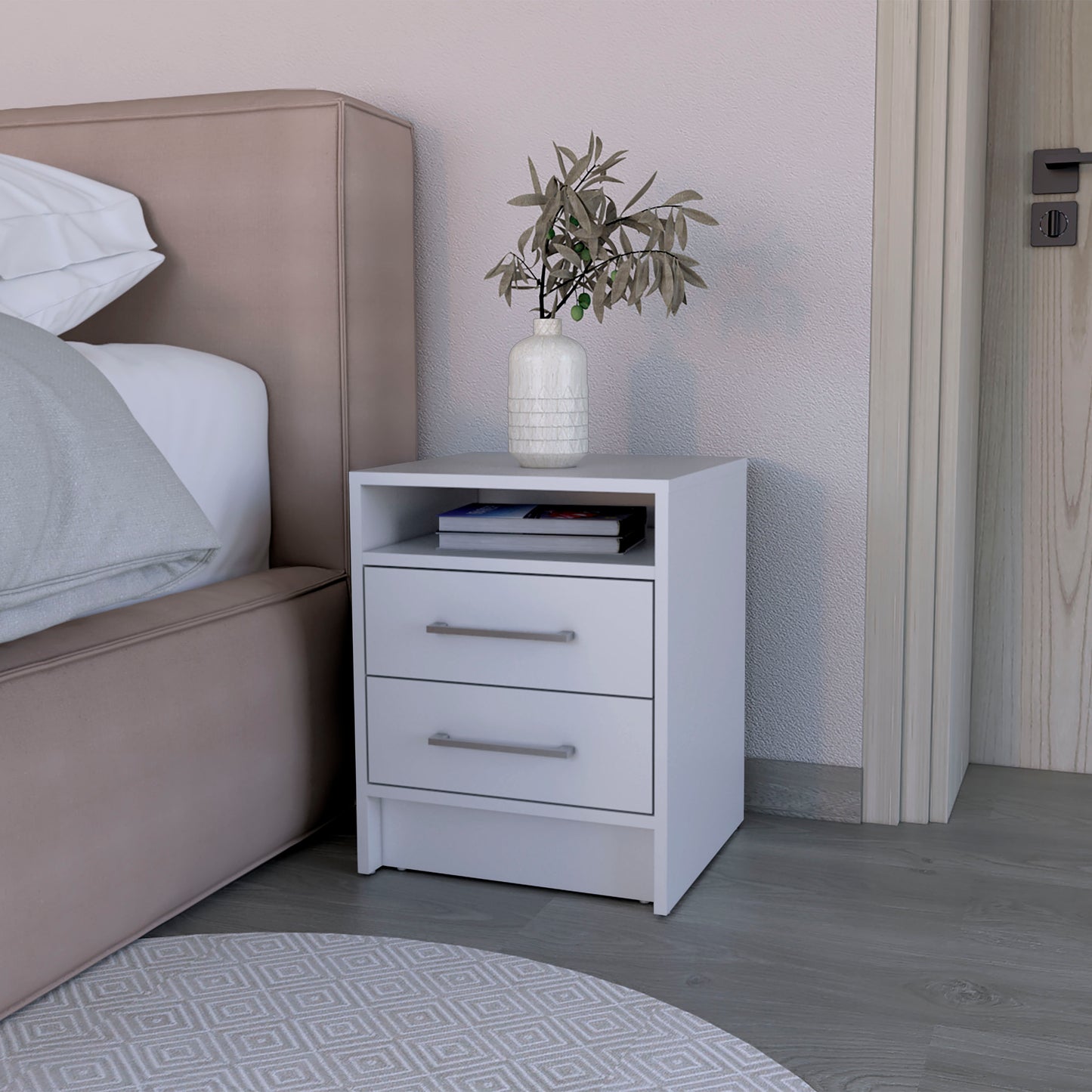 White minimalist nightstand with two drawers and open shelf perfect for modern bedrooms
