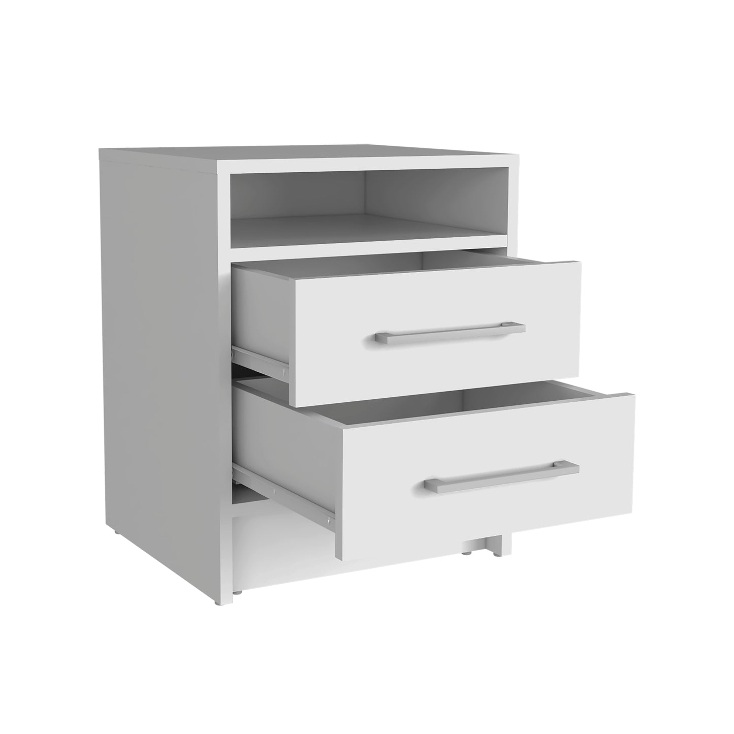 White twodrawer nightstand with open shelf and brushed nickel pulls