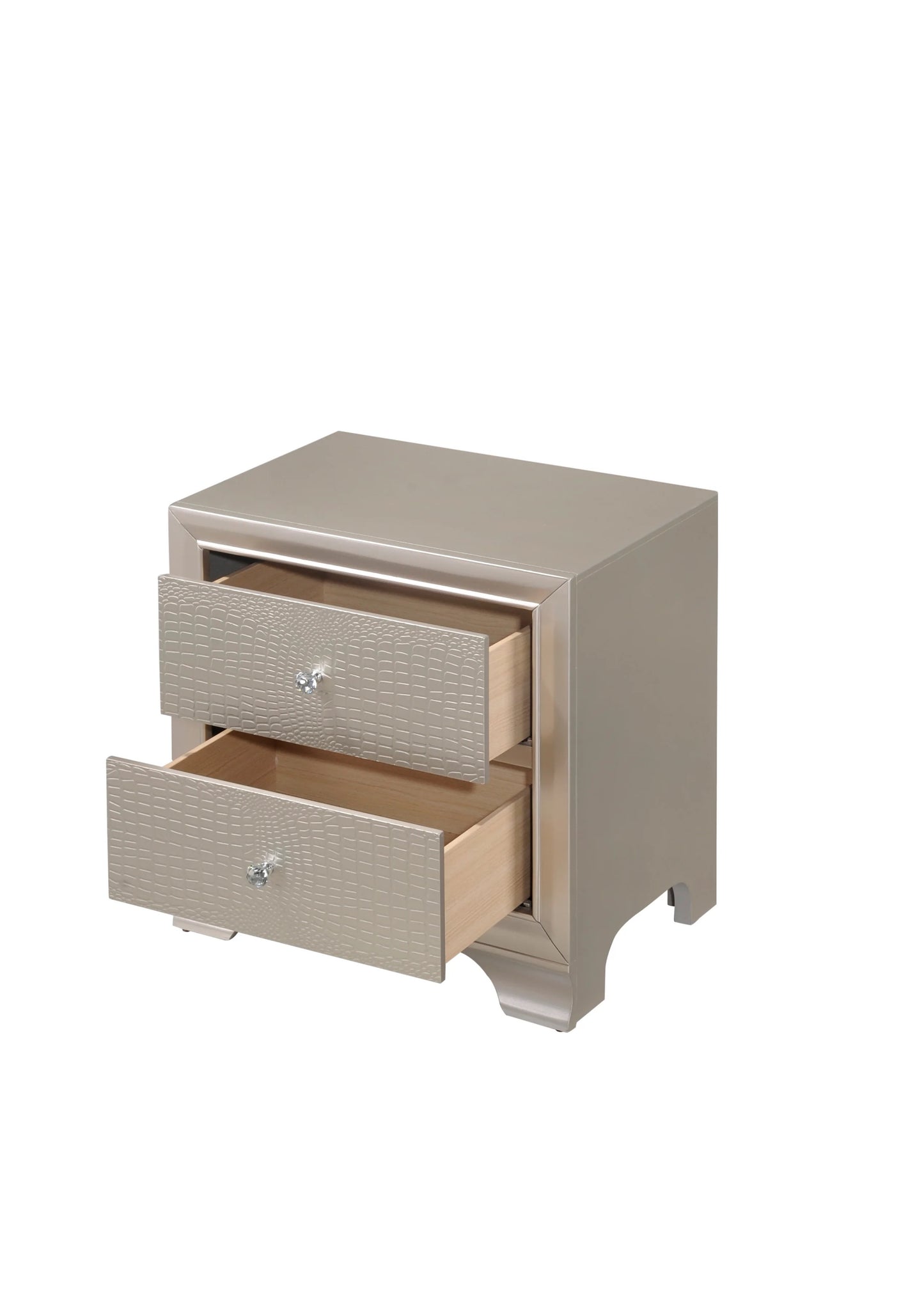 Champagne faux alligator texture nightstand with crystal knob drawer pulls