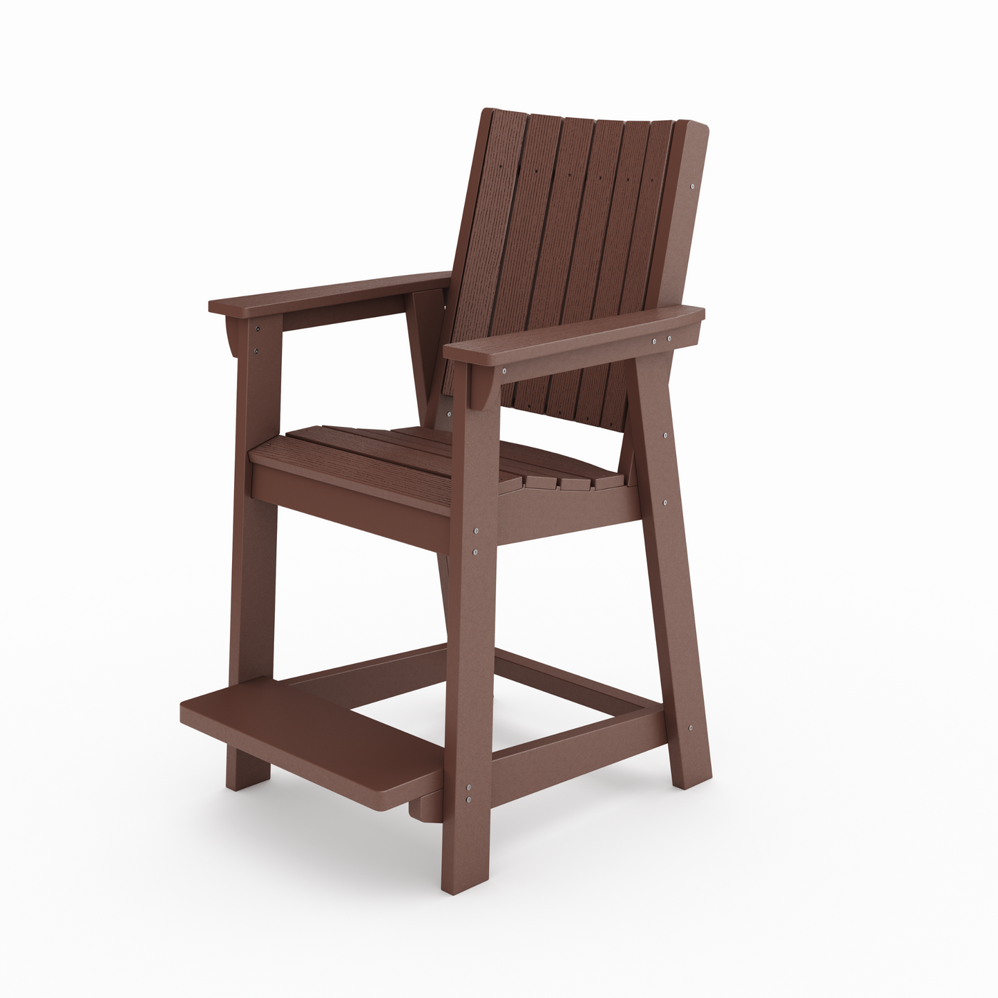 Dark brown polywood Adirondack bar stool with slatted seat and back