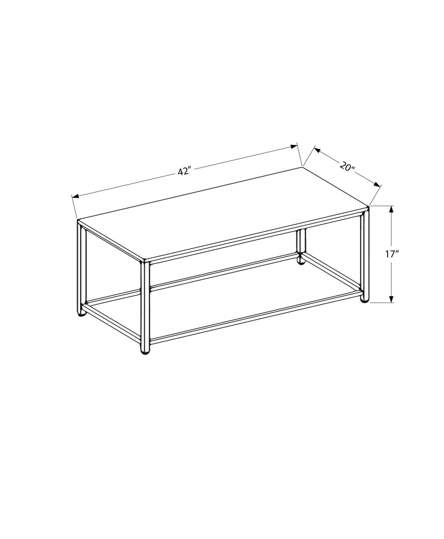 Line drawing of a modern coffee table with dimensions L x W x H