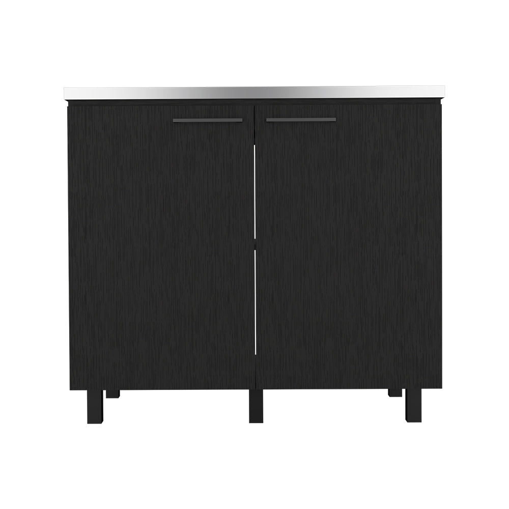 Modern black wood storage cabinet with brushed nickel handles and stainless steel countertop