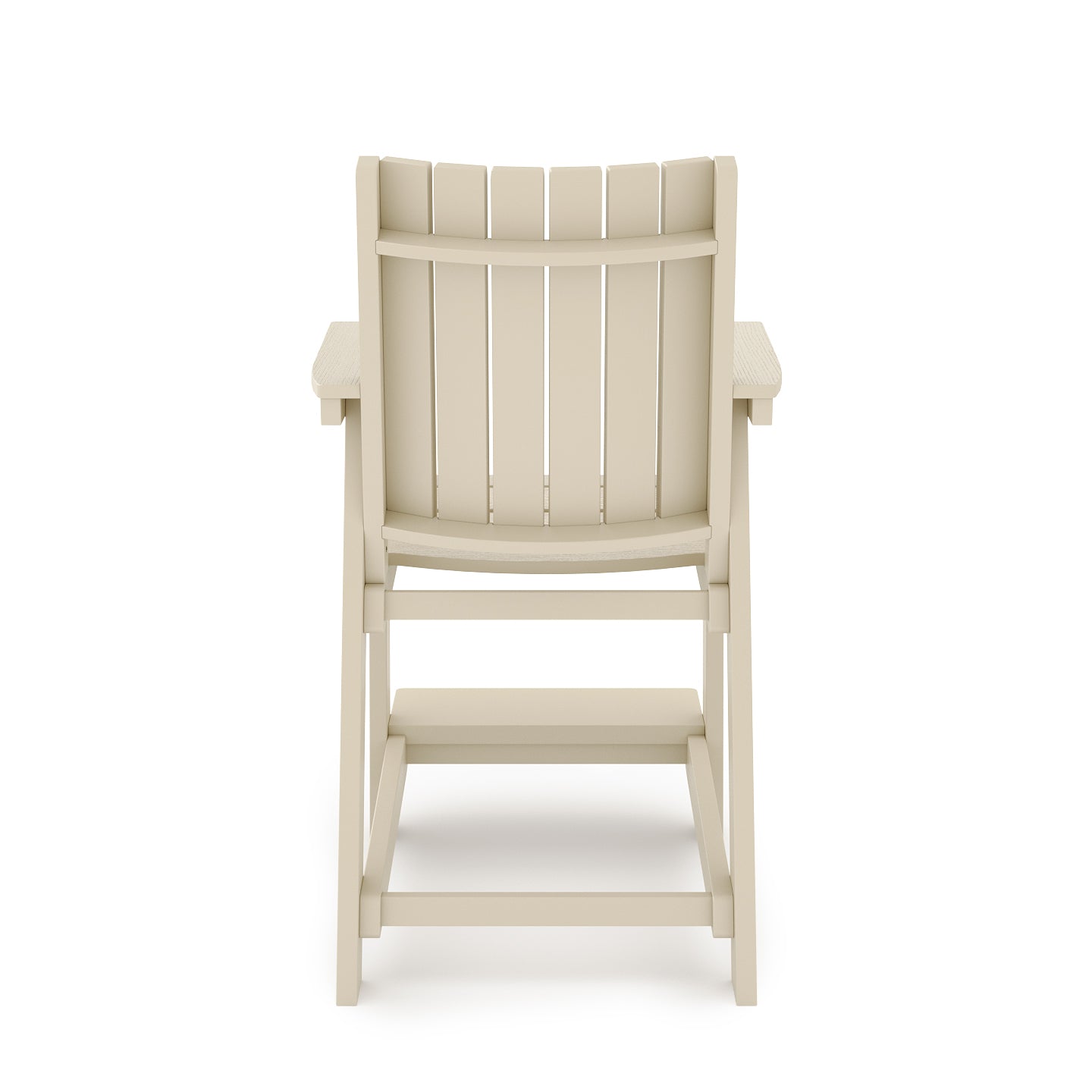 Back view of a light beige Adirondack bar stool with slatted seat and back
