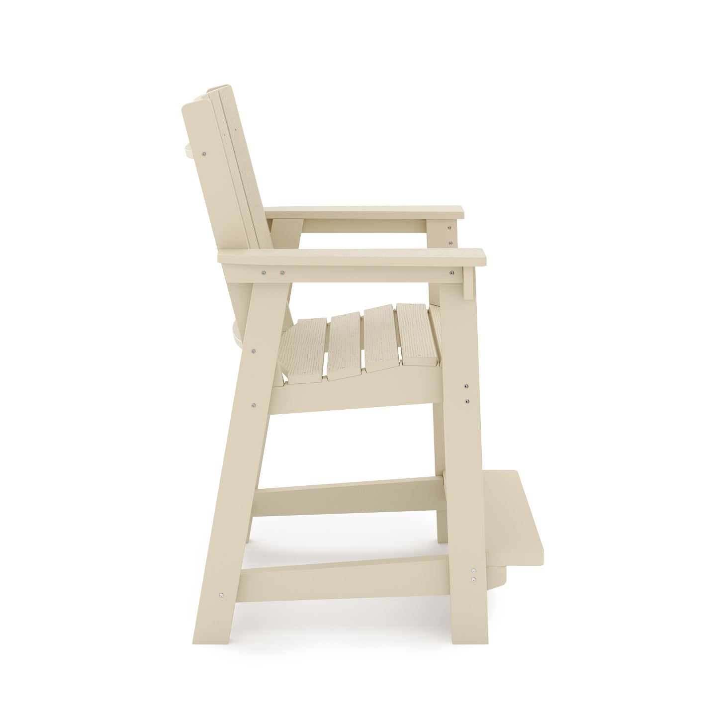 Tan Adirondack bar stool with slatted seat and back side view