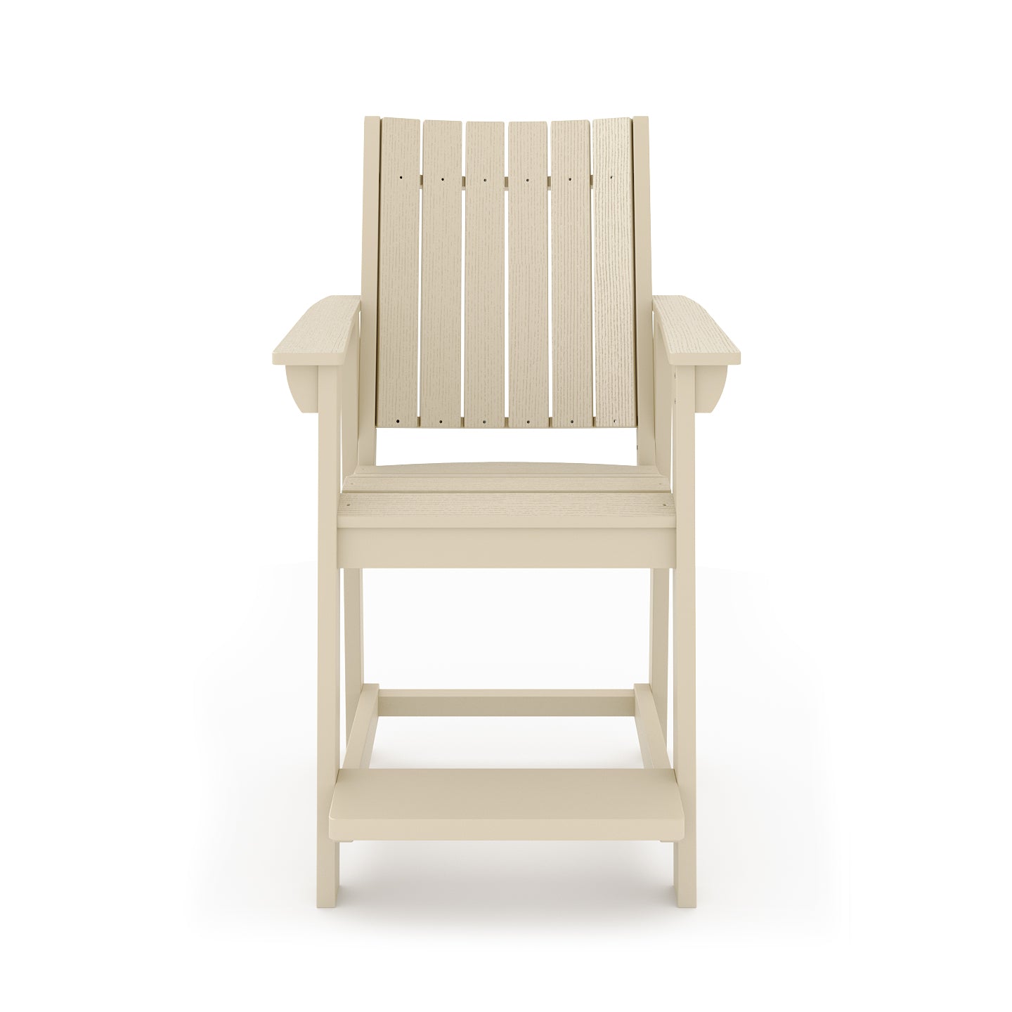 Beige Adirondack counter stool with slatted back and armrests on white background