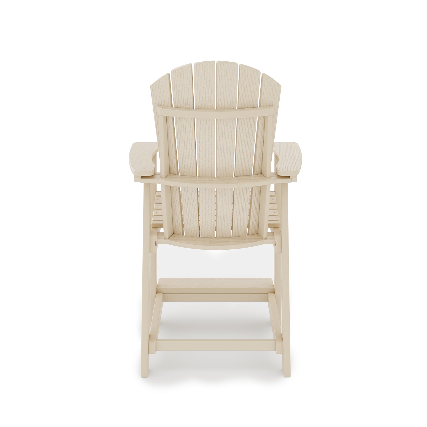 Back view of a natural wood Adirondack patio chair with wide armrests