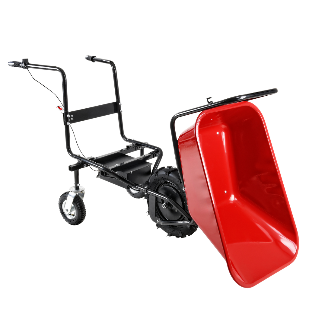 Red electric wheelbarrow with black frame and single large rear tire