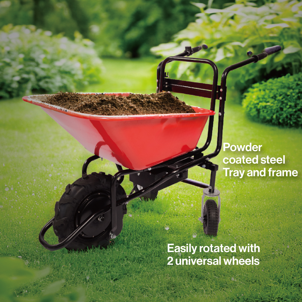 Red powdercoated steel wheelbarrow filled with soil on green grass