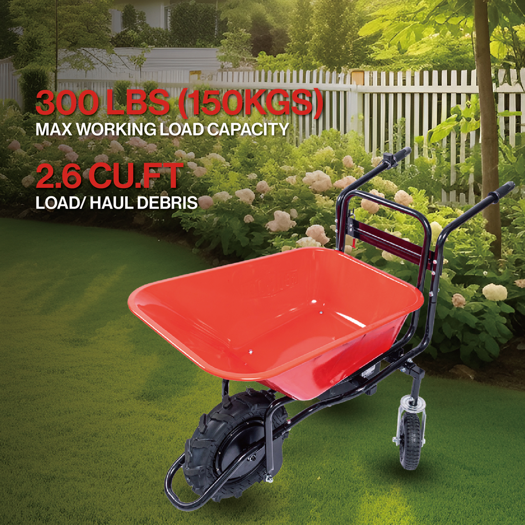 Red steel wheelbarrow with black handles perfect for garden debris hauling