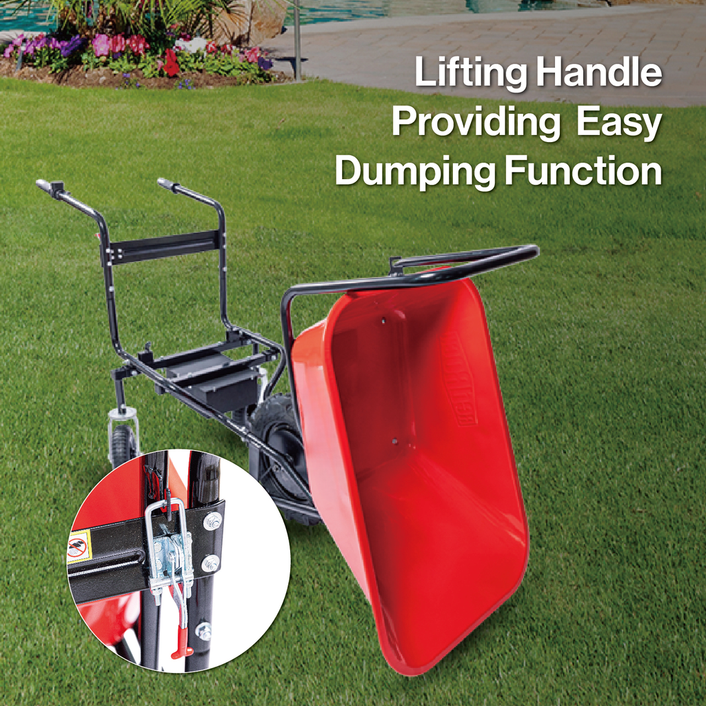 Red plastic wheelbarrow with black metal frame and easy dumping function